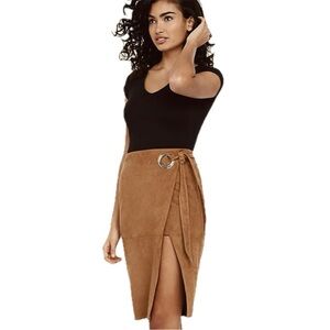 Express Camel Faux Suede High Waisted Pencil Wrap Tie Side Grommet Ring Skirt 10